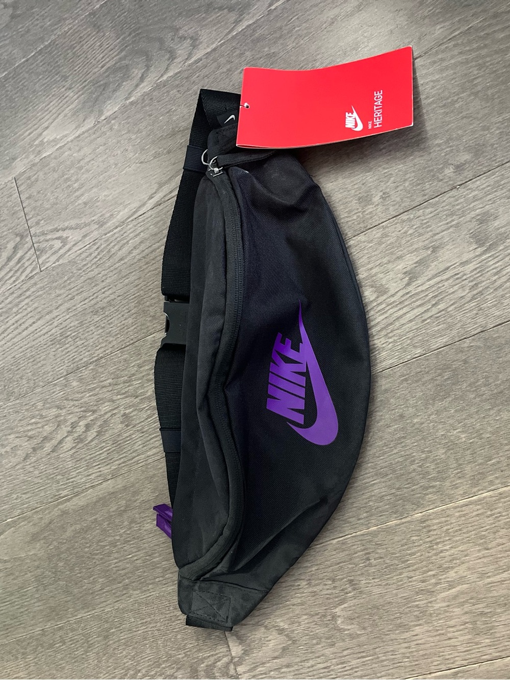 Nike Black Belt Bag with Purple Swoosh